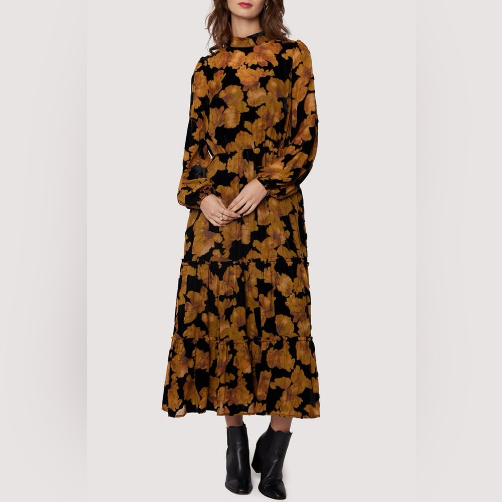 Floral Black and Gold long sleeved Maxi Dress